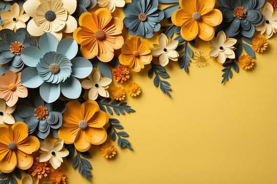 Spring, summer yellow background with cut paper style flowers and place for text. Generated by artificial intelligence