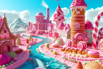 Foto op Canvas Cartoon fantasy candy land landscape gingerbread houses, ice cream trees and milk river © Bonya Sharp Claw