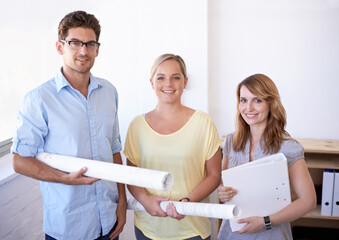 Architect, portrait and team in office with blueprint, smile and project management in renovation....