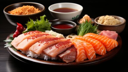 Tantalizing sushi variety. fresh sashimi and delicious sushi rolls with sauces and greens, close-up