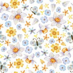 Watercolor seamless pattern with Spring flowers and butterfly. Narcissus and Myosotis on a white background. Background for packing paper, decor, and textiles.