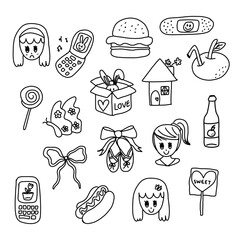 Hand drawn outlines of cartoon, flip phone, ballerina shoes, orange juice, burger, hotdog, candy, home, butterfly, ribbon, parcel box with bunny for logo, sticker, tattoo, print, toy, colouring book