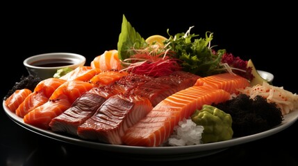 Close-up of Sushi ingredients.Salmon sashimi and sushi rolls with fresh herbs and wasabi on the dish
