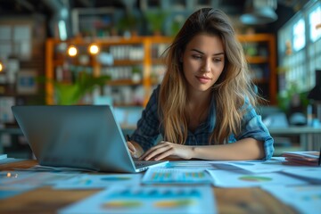 Businesswoman Develops Marketing Plans on Laptop in Office Setting