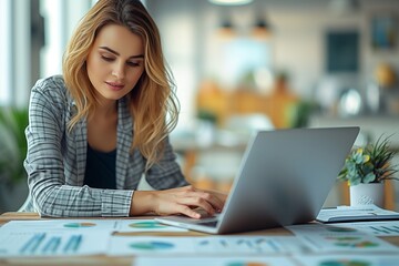 Businesswoman Develops Marketing Plans on Laptop in Office Setting