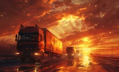 Fototapeten Fiery sunset sky over highway with trucks. vibrant transportation scene. road trip and commerce concept. dramatic landscape illumination. AI © Irina Ukrainets