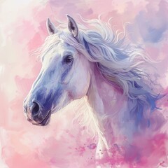 Obraz na płótnie Canvas Cartoon magic style, cute pastel watercolor illustration of horse background. Cute horse