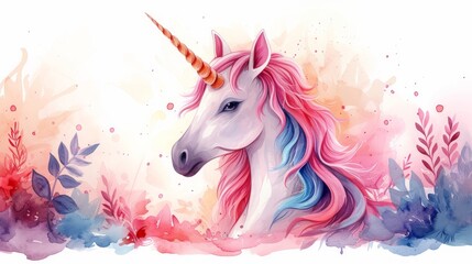 Obraz na płótnie Canvas Cartoon magic style, cute pastel watercolor illustration of unicorn background. Cute horse