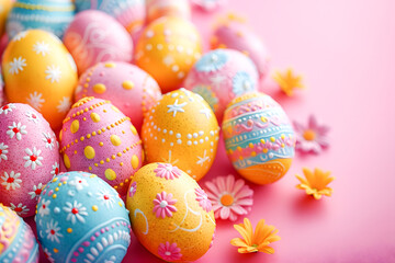 Fototapeta na wymiar Colorful Easter eggs on pastel pink background. Generative AI.
