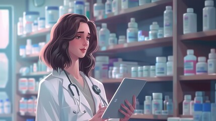 Digital illustration of a confident female healthcare professional in a lab coat, with a stethoscope and tablet, in a pharmacy setting