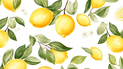 Watercolor background with fresh lemons tree branches and green leaves. Seamless pattern with lemons, scrapbooking paper, citrus pattern