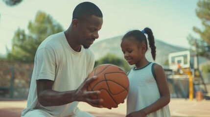 African American father and daughter enjoying a game of basketball together on the court. - obrazy, fototapety, plakaty