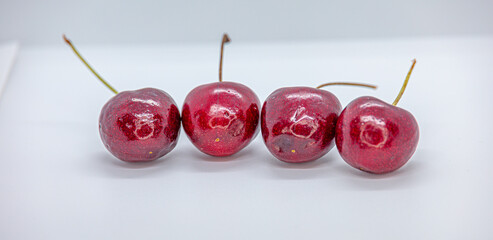 Four fresh and delicious red cherries lined and isolated on a white background 