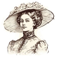 Young Lady Ink Portrait, Vintage Woman in a Hat Sketch, Victorian Girl Hand Drawn, Elegant Engraving