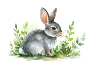 Obraz premium Watercolor illustration of a cute fluffy rabbit with big ears sitting in spring grass isolated on white background. Happy Easter. Cartoon character for nursery, baby shower. Banner with copy space