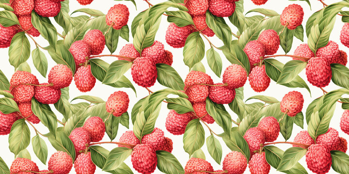 Watercolor Lychee Seamless Pattern, Aquarelle Litchi Tropical Fruit, Watercolor Litchi Chinensis Fruits Tile