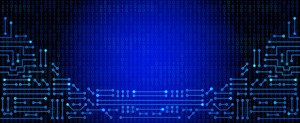 Electronic circuit on binary code background. High tech concept. Digital banner.
