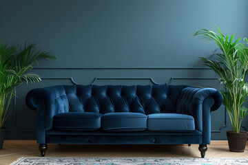 Elegant living room in blue tones. Blue walls and a black wooden floor. Velor blue luxury sofa