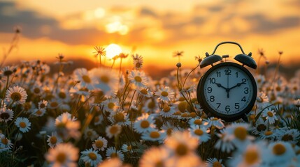 A classic black alarm clock stands amidst a sea of daisies against a warm sunset, symbolizing the...