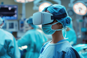 The female surgeon in the operating room, operating on a patient wearing virtual reality headset. Generative AI.
