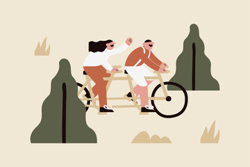 Couple riding bicycle together in park Vector Illustration