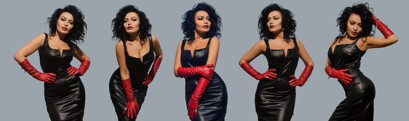 Set of five images luxurious asian woman posing in black leather dress and red gloves. Dominant...