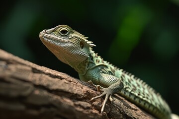 Close-up of a green iguana perched on a tree branch in natural habitat