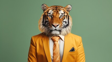 Tiger dons sharp business suit against green backdrop.