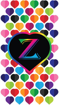 Letter Z in the heart of the colorful hearts on a white background. Suitable for Modern Mobile Phone Wallpaper. 4k Mobile Wallpaper
