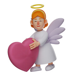 3D illustration. 3D Cartoon Angel showing happy expression. holding purple heart in hand. with a sideways body pose. 3D Cartoon Character