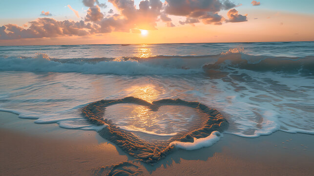 A heart drawn in the sand with the waves gently washing over it. Generative AI illustration 