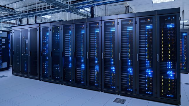 Network server room with multiple rows of fully functioning server racks. Modern telecommunications