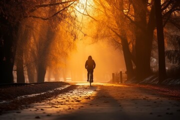 Man is cycling down the road in winter and outdoors in autumn autumn photography. Travel in wintertime