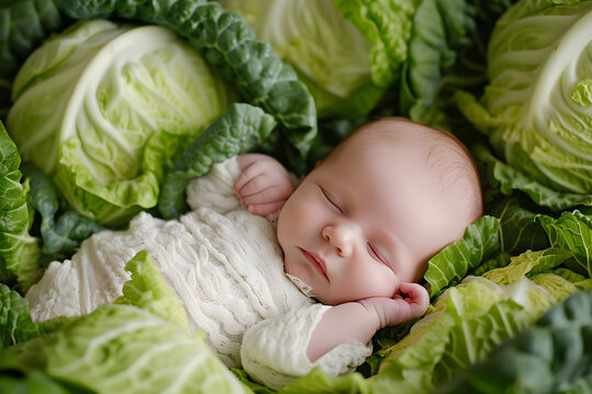 Cute newborn baby boy sleeping in the green cabbage