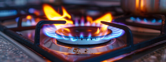 methane gas flame of a home cooker, top view, black background - obrazy, fototapety, plakaty