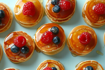 Obraz premium Mini pancakes with berries pattern banner background.