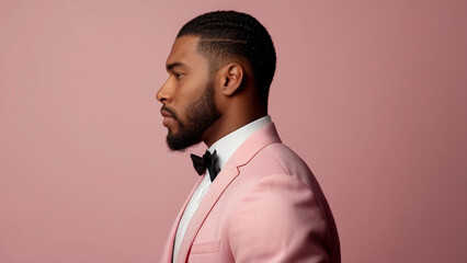 Obraz premium Portrait of good looking fashionableAfrican man in pink suit on the pink background