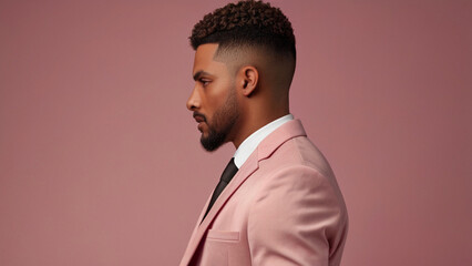 Portrait of good looking fashionableAfrican  man in pink suit on the pink background