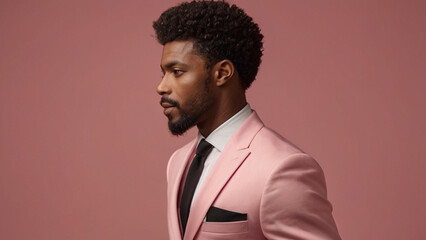 Obraz premium Portrait of good looking fashionableAfrican man in pink suit on the pink background