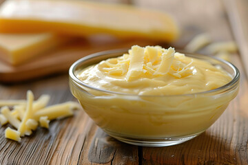 Delicious cheese sauce in glass bowl on wooden background