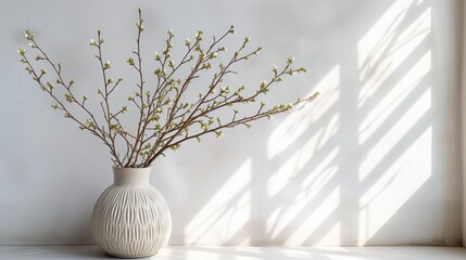 Fresh spring branches in a white textured vase with light creating a peaceful shadow play, suitable for natural and serene lifestyle themes