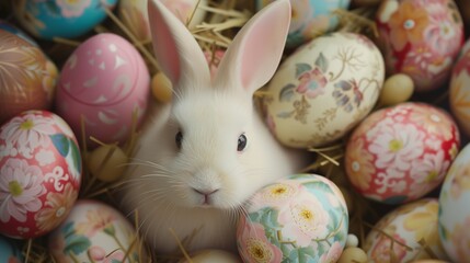 Fototapeta na wymiar Rabbit Amongst Colorful Painted Easter Eggs, Perfect for Seasonal Advertising and Festive Springtime Imagery