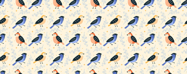 Spring birds in childish style seamless pattern. Colored characters with flowers background. 