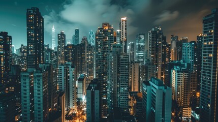 tall buildings in the night city against a dark background, focusing on realism and high detail to convey the urban atmosphere.