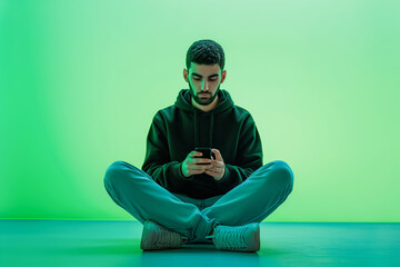 Handsome young Arab man using mobile phone, chatting online, surfing social media while sitting on floor against green neon wall.