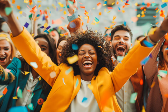 Happy diverse business team celebrating success and having fun all together with confetti falling around them.