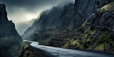 Mountain Serpentine, Mountain Road over Cliff, Dark Mystical Way into the Fog, Steep High Cliffs