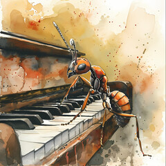 Ant playing a piano, watercolor illustration.