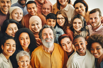 Large group of happy multiethnic and multi-generation people. - obrazy, fototapety, plakaty