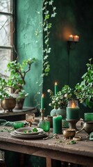 Rustic wooden table with St. Patrick's Day decorations including green candles, shamrocks, and pot of gold. Vertical St. Patrick's Day wallpaper. AI Generated
